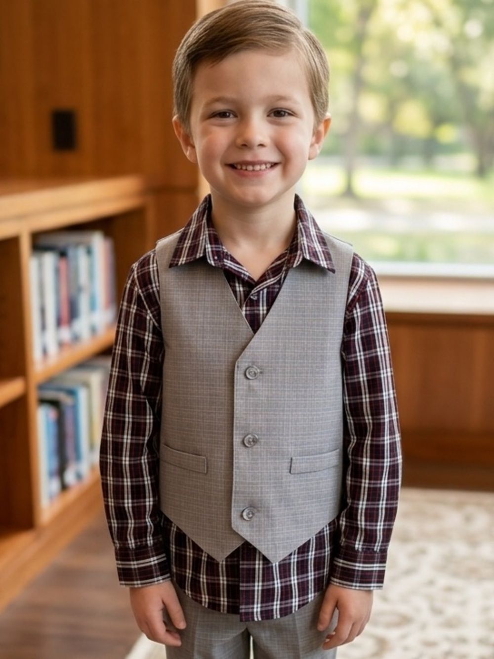 Take 50% OFF- Boys Plaid Shirt with Light Gray Striped Dress Vest, Size-6